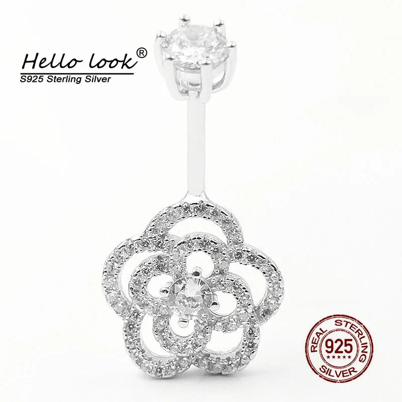 925 Silver Rose Flower Belly Button Ring Zircon Navel Jewelry