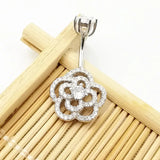 925 Silver Rose Flower Belly Button Ring Zircon Navel Jewelry