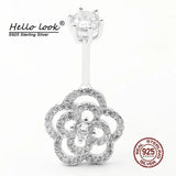 925 Silver Rose Flower Belly Button Ring Zircon Navel Jewelry