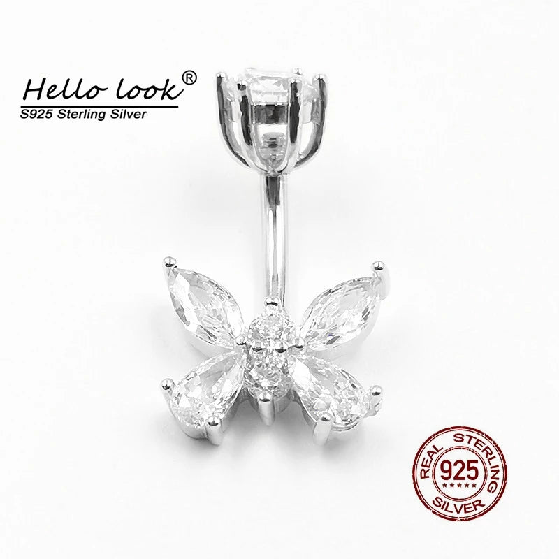 Zircon Butterfly Navel Piercing 925 Sterling Silver Belly Button Ring