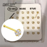 24Pcs 925 Sterling Silver Cz Zircon Star Love Heart Nose Rings & Studs