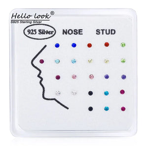 24pcs 925 Sterling Silver Nose Rings Studs Crystal Nose Piercing Ring