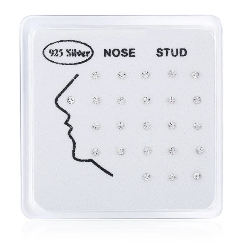 24pcs 925 Sterling Silver Nose Rings Studs Crystal Nose Piercing Ring