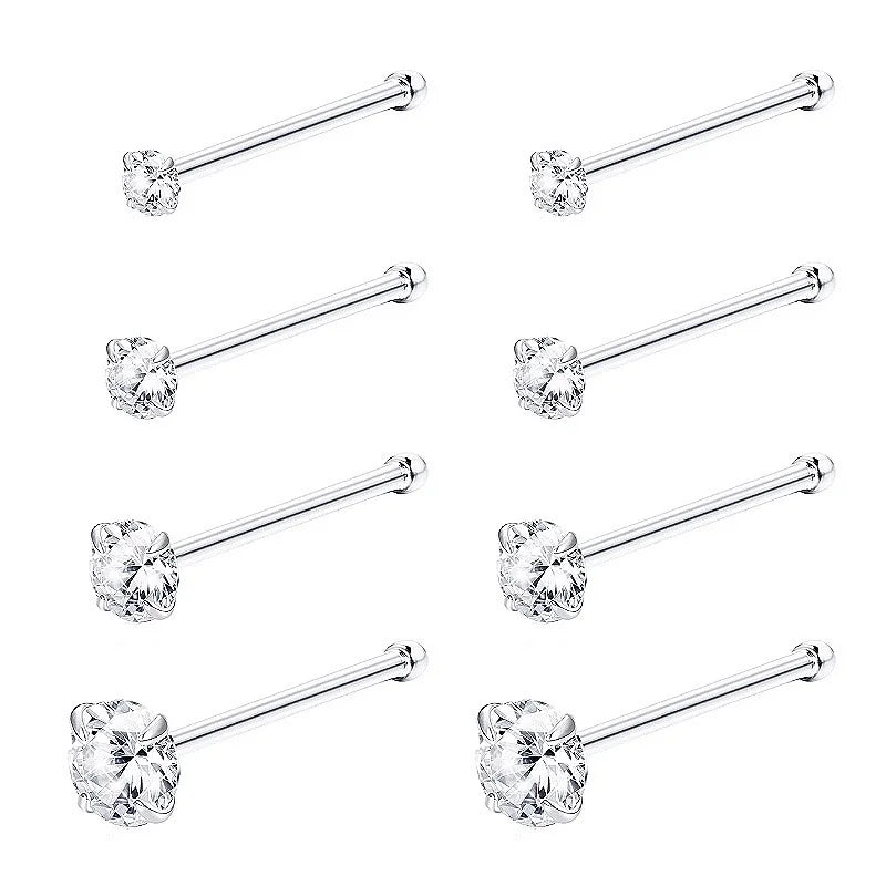 925 Silver Nose Studs 8Pcs CZ Inlaid 22G Body Piercing Jewelry