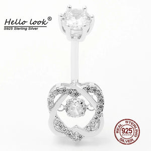 925 Silver Double Heart Crystal Belly Button Ring Zircon Wedding Jewelry