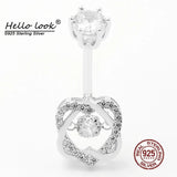 925 Silver Double Heart Crystal Belly Button Ring Zircon Wedding Jewelry