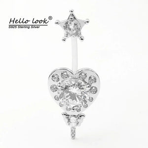 925 Silver Pentagram Heart Belly Ring Zircon Navel Piercing