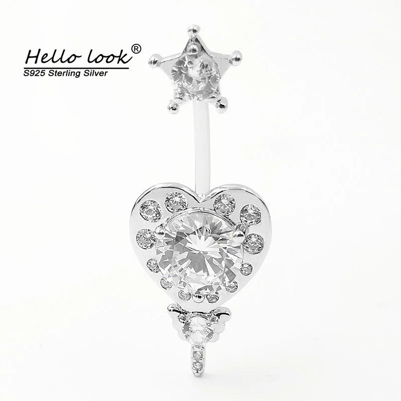 925 Silver Pentagram Heart Belly Ring Zircon Navel Piercing