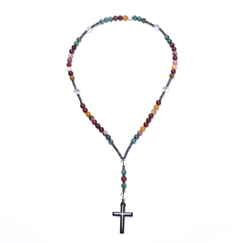 Hematite Cross Pendant Christian Religious Jewelry Natural Stone Mix Rosaries