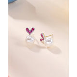 Hemiston Pearl Red Zircon Heart 925 Silver Earrings Gift