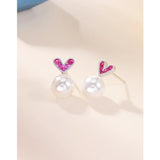Hemiston Pearl Red Zircon Heart 925 Silver Earrings Gift