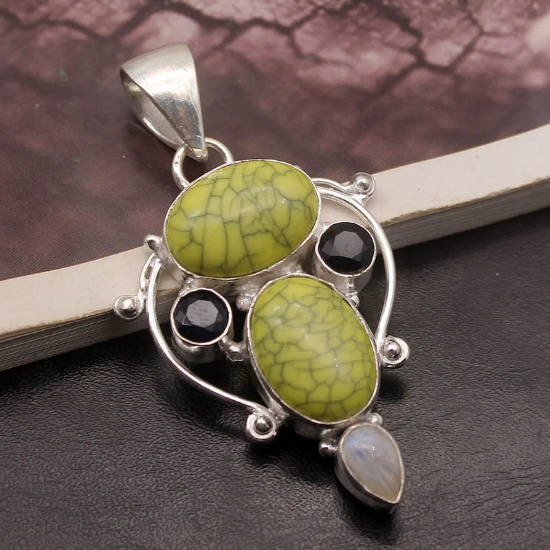 White Moonstone Turquoise Black Onyx Charms Pendant Necklace
