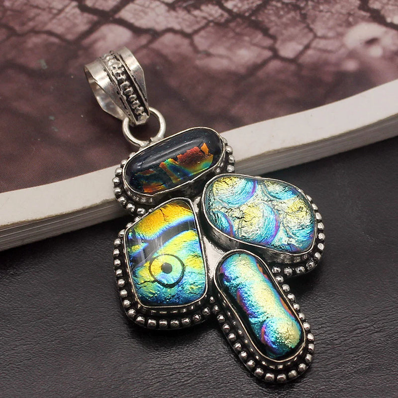 Vintage Dichroic Glass Silver Pendant Necklace Charm DH19
