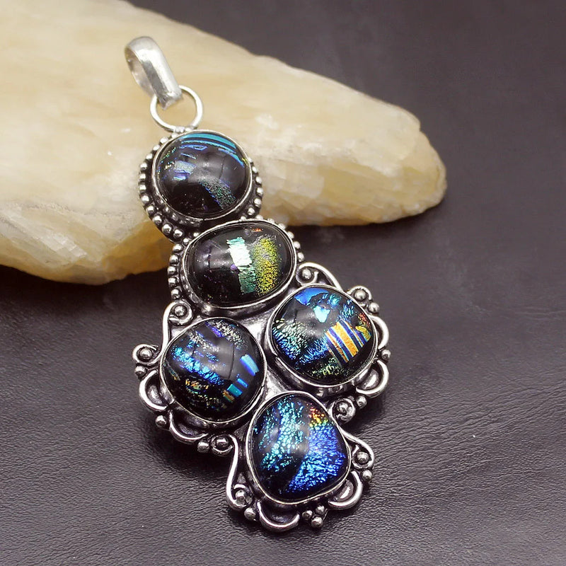 Hermosa Dichroic Glass Silver Pendant Necklace 75mm DH49