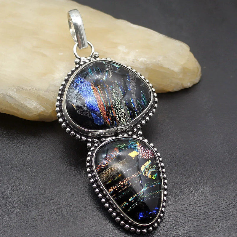 Hermosa Dichroic Glass Silver Pendant Necklace Charm