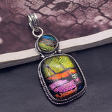Hermosa Jewelry Royal Rainbow Dichroic Glass Silver Pendant Necklace