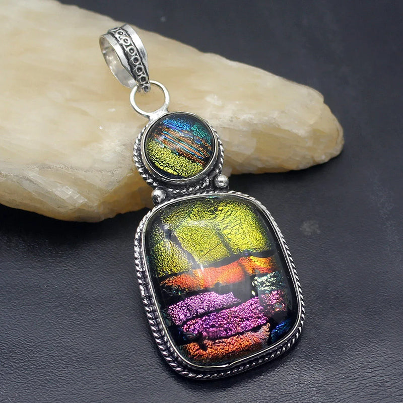 Hermosa Jewelry Royal Rainbow Dichroic Glass Silver Pendant Necklace