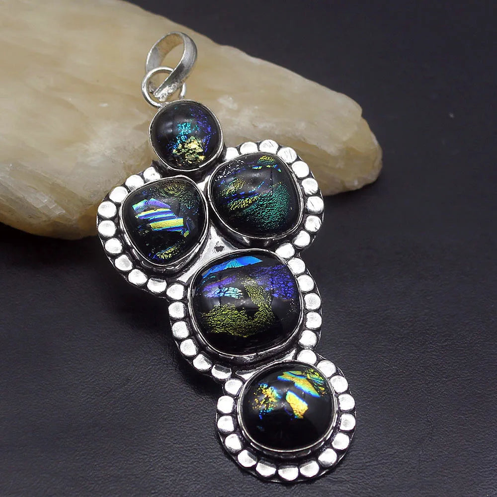 Vintage Dichroic Glass Silver Pendant Necklace Charm DH11