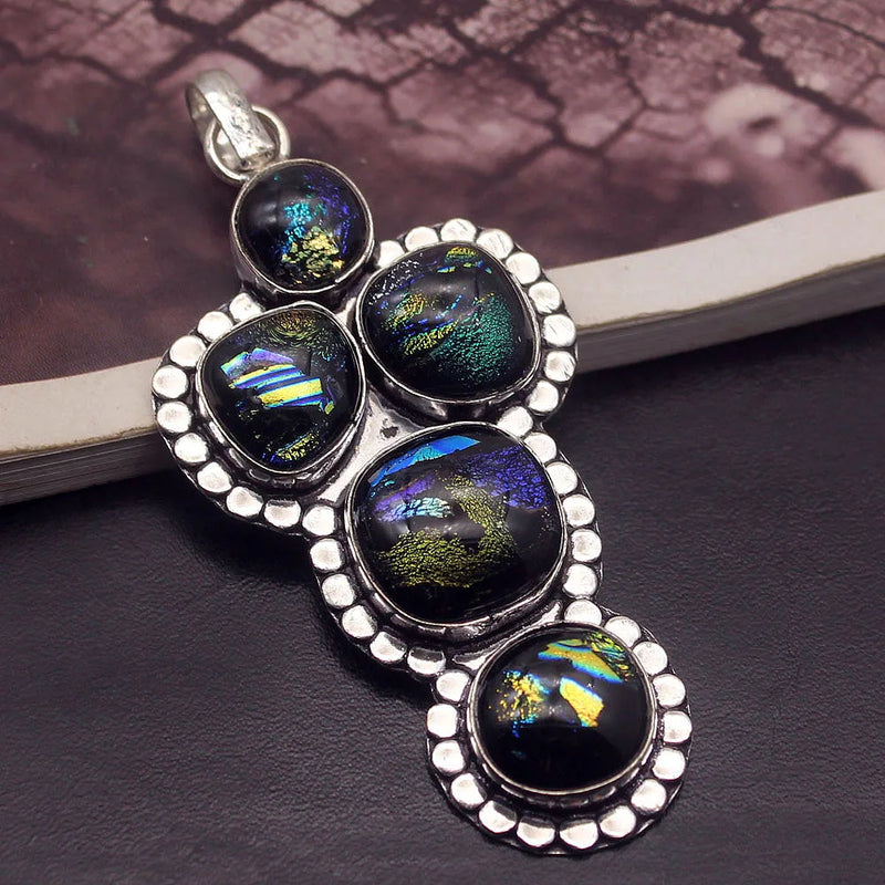 Vintage Dichroic Glass Silver Pendant Necklace Charm DH11