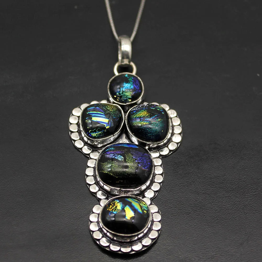 Vintage Dichroic Glass Silver Pendant Necklace Charm DH11