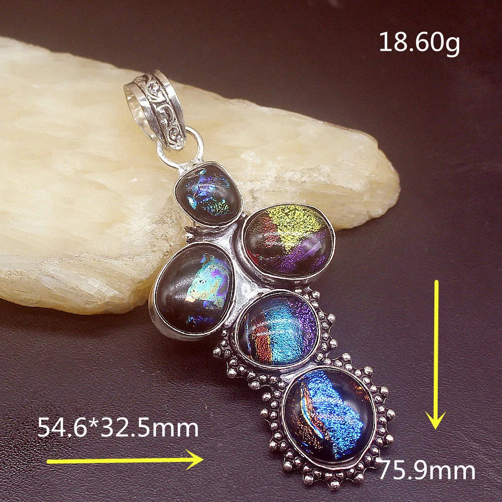 Vintage Dichroic Glass Silver Charm Necklace Pendant