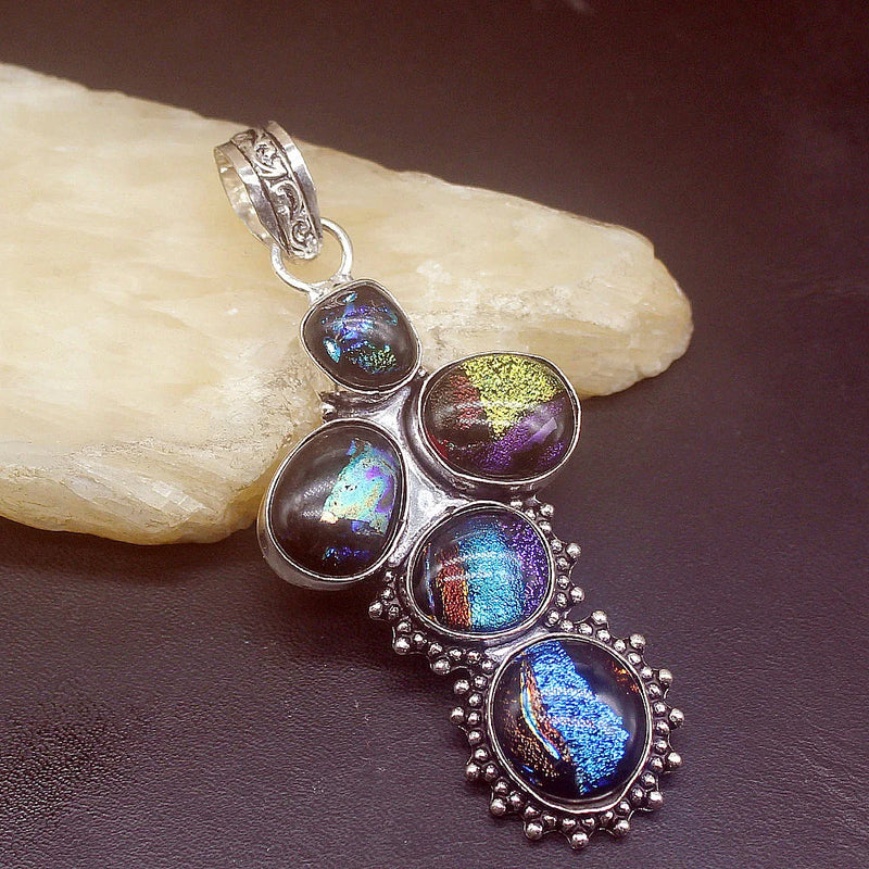 Vintage Dichroic Glass Silver Charm Necklace Pendant