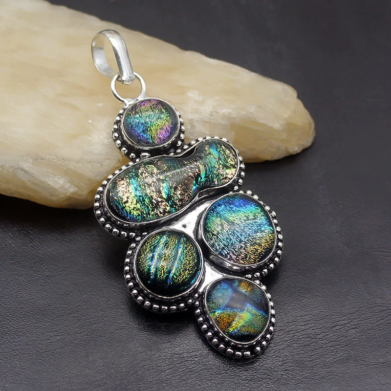 Dichroic Glass Silver Pendant Necklace Charm 75mm DH38