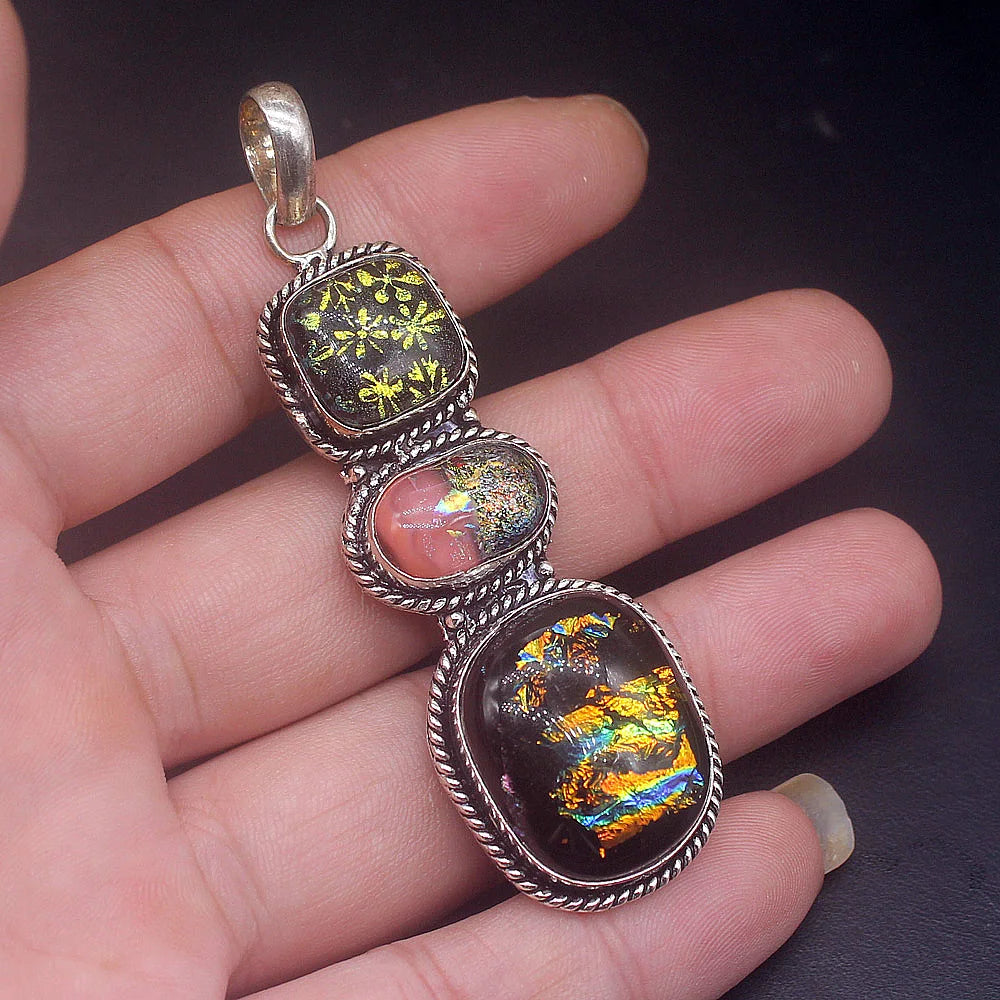 Dichroic Glass Silver Charm Necklace Pendant for Women