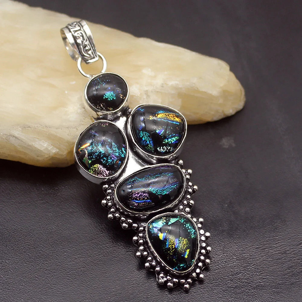 Vintage Mystical Dichroic Glass Silver Pendant Necklace Charm
