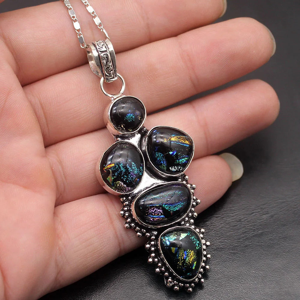 Vintage Mystical Dichroic Glass Silver Pendant Necklace Charm
