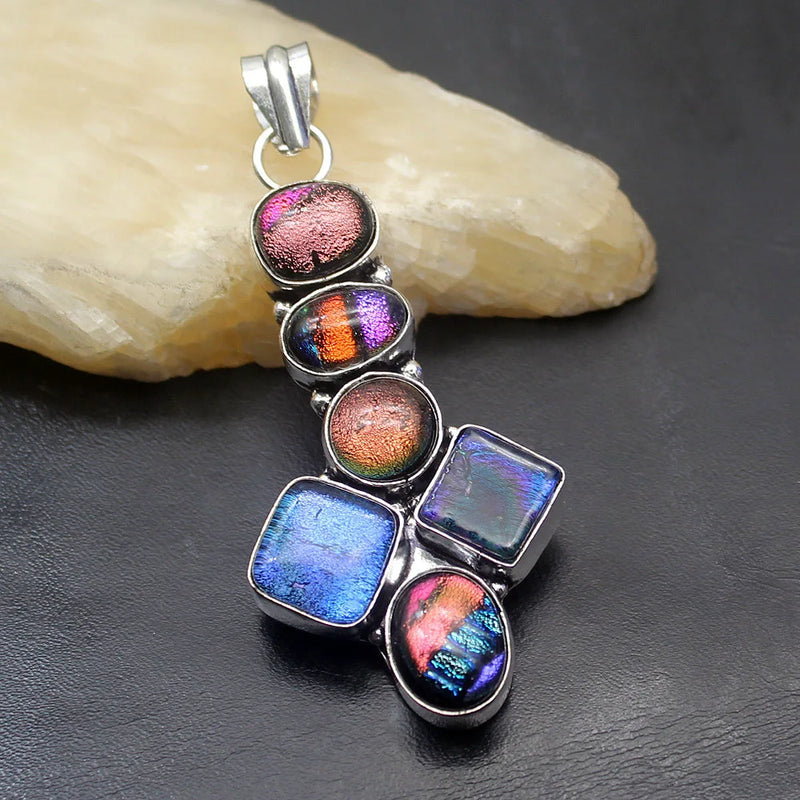 Hermosa Gemstone Dichroic Glass Silver Pendant Necklace Charm