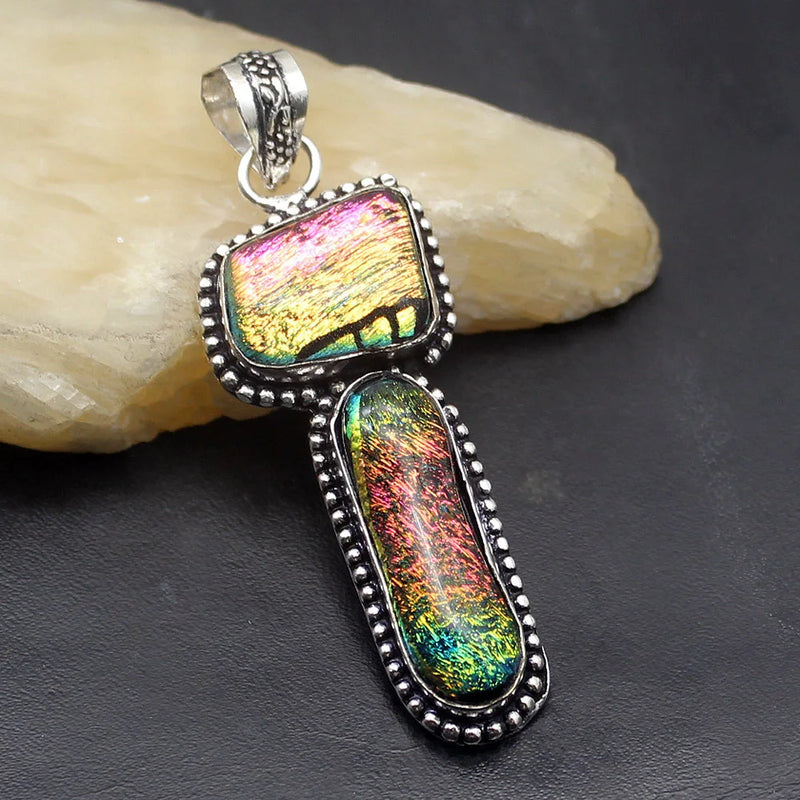 Hermosa Rainbow Dichroic Glass Silver Pendant Necklace