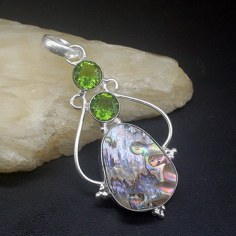 Abalone Shell Green Peridot Charm Necklace Pendant for Women