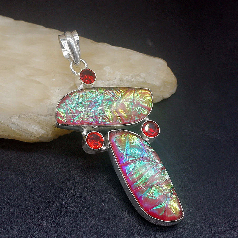 Dichroic Glass Red Garnet Charm Necklace Pendant for Women
