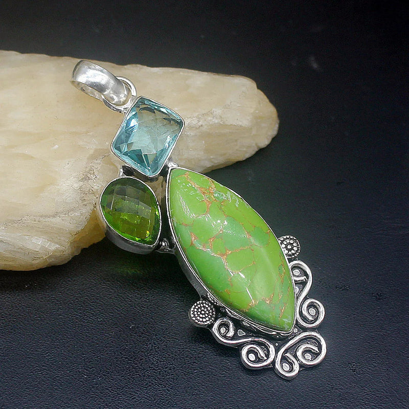 Green Turquoise Peridot Silver Charm Necklace Pendant
