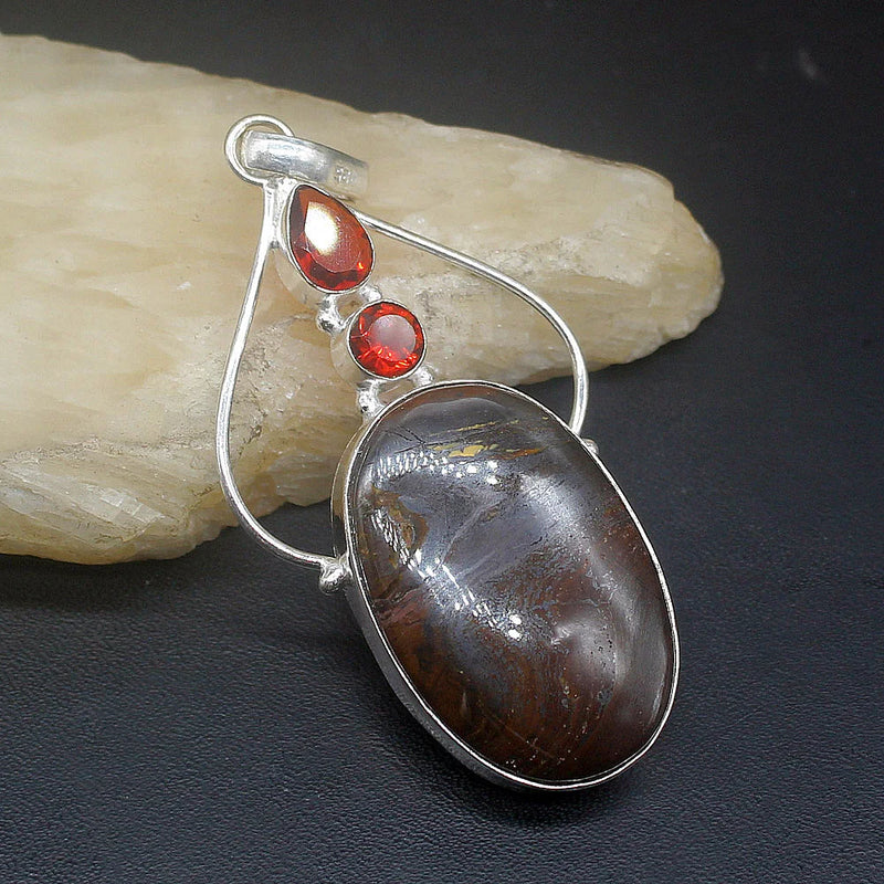 Natural Hematite Blood Red Garnet Silver Charm Necklace Pendant