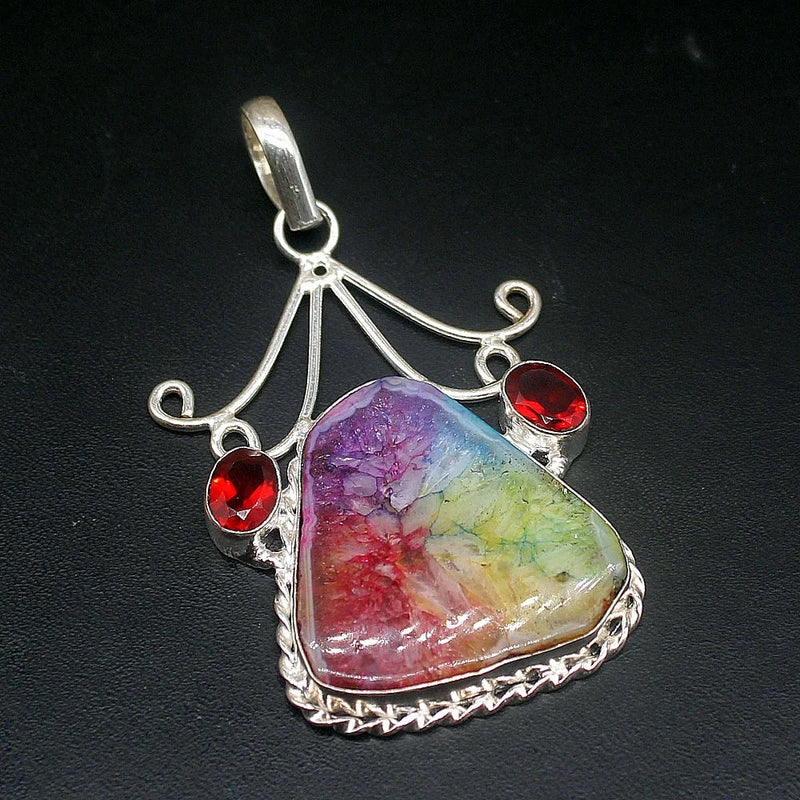 Solar Quartz Blood Red Garnet Silver Charm Necklace Pendant