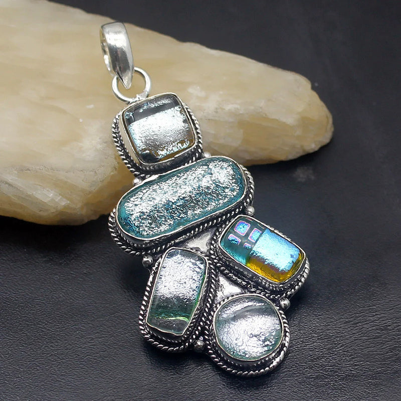 Dichroic Glass Silver Pendant Necklace for Women Men