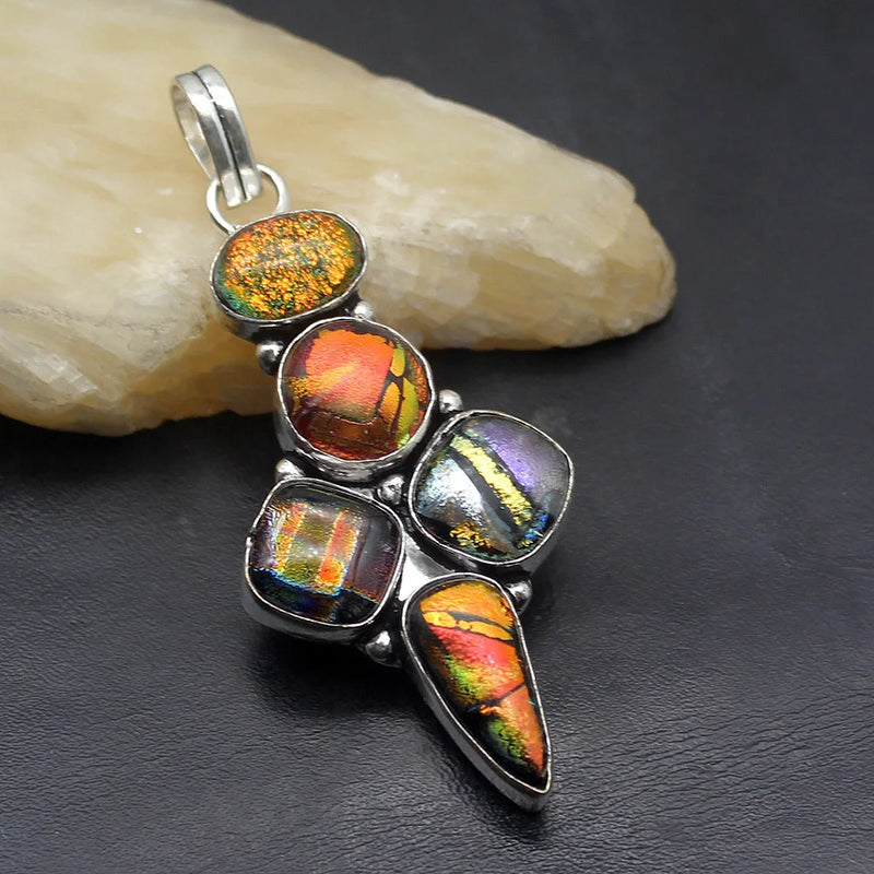 Natural Dichroic Glass Silver Pendant Necklace Charm DH09