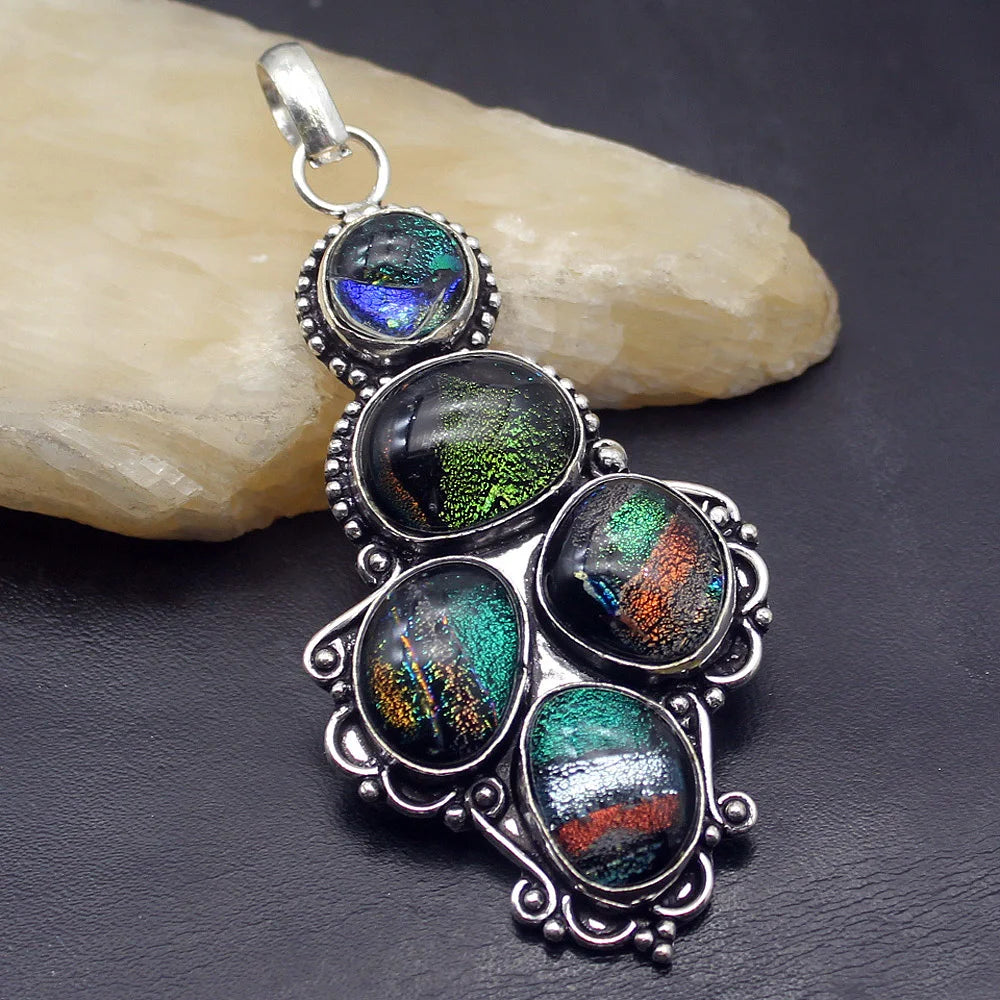 Vintage Dichroic Glass Silver Pendant Necklace Charm DH08