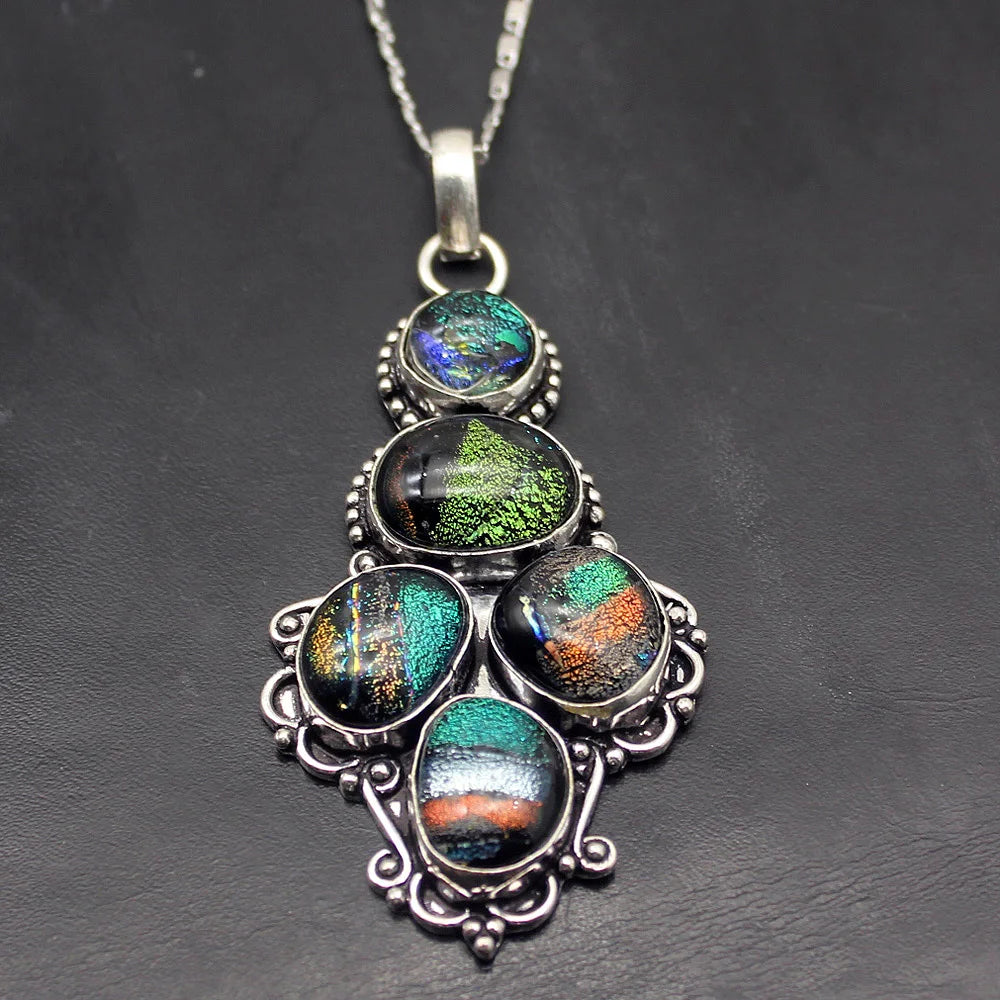 Vintage Dichroic Glass Silver Pendant Necklace Charm DH08