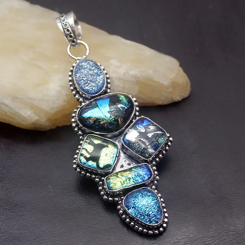Hermosa Rainbow Dichroic Glass Silver Pendant Necklace Charm DH04