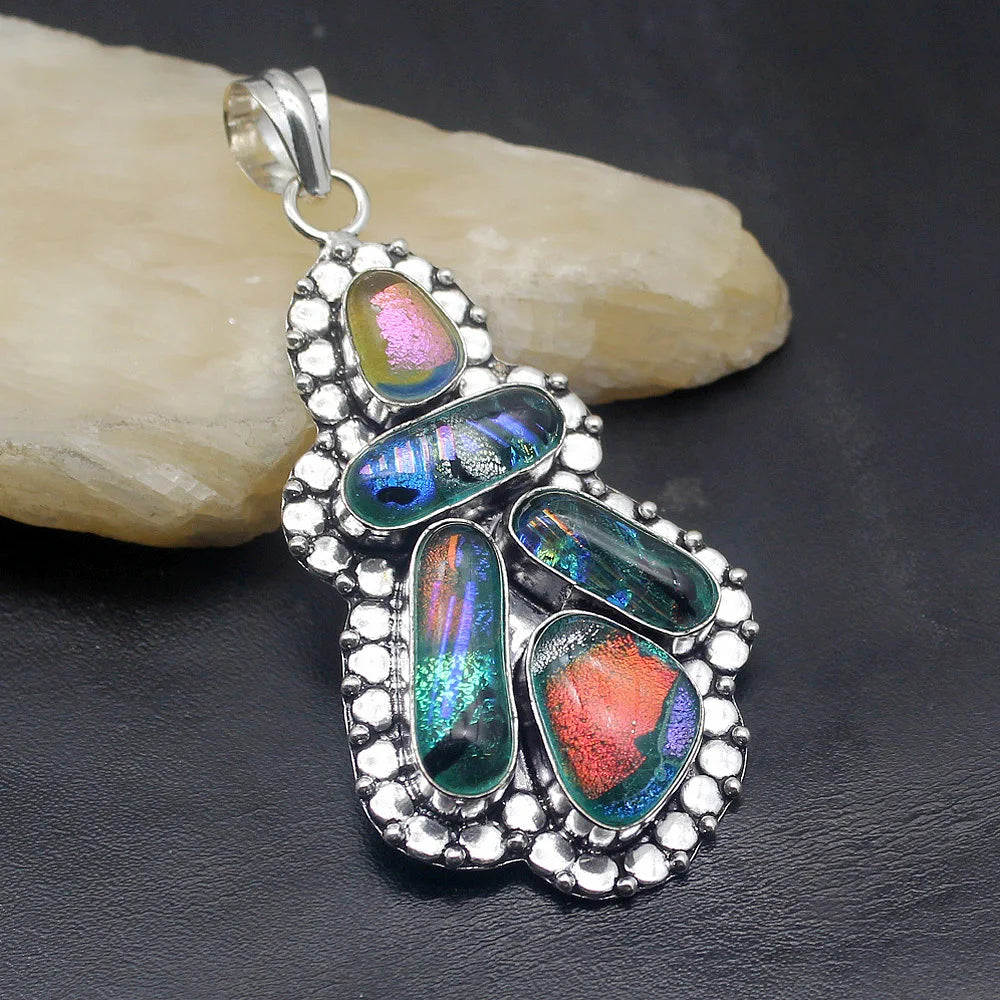 Vintage Dichroic Glass Silver Pendant Necklace Charm DH15