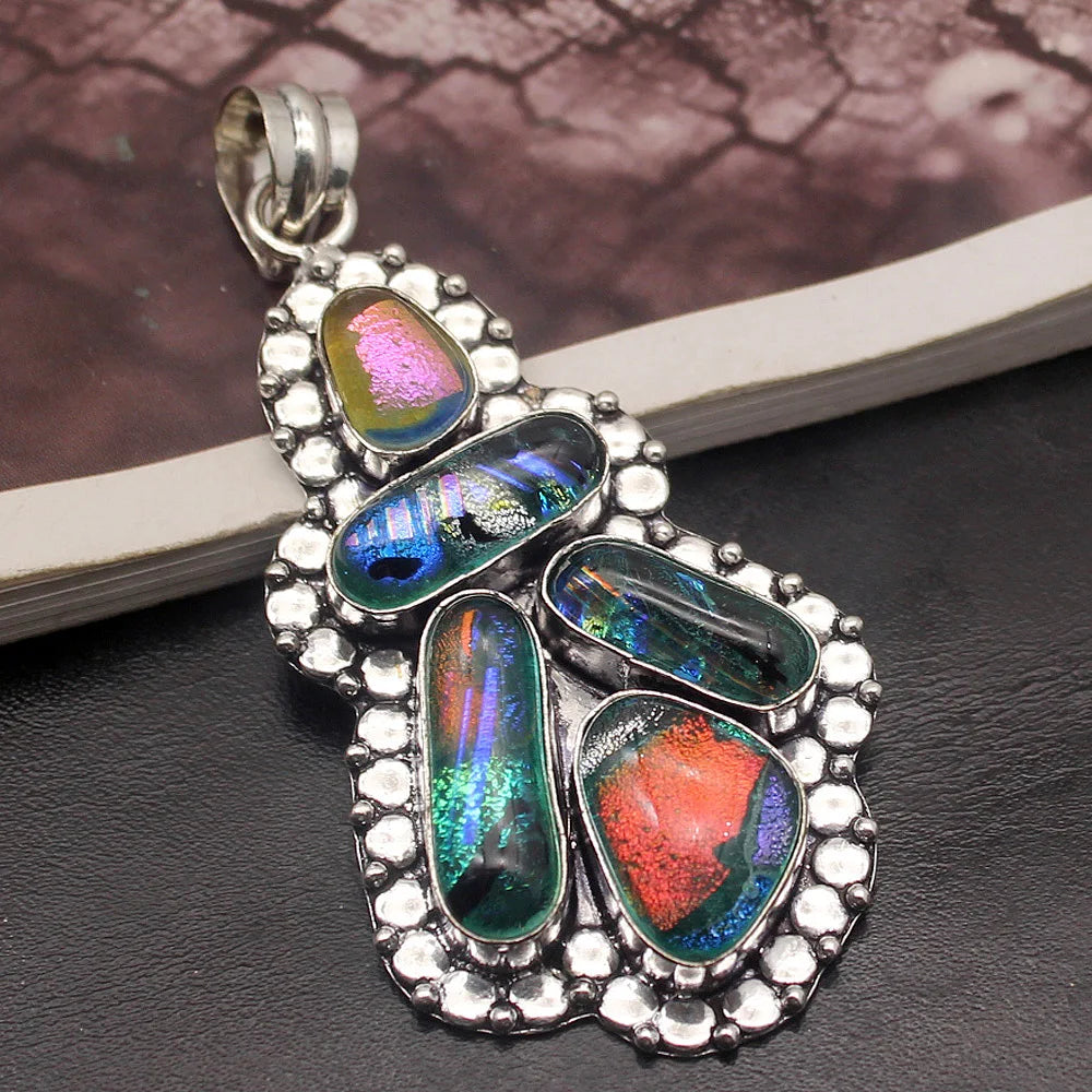 Vintage Dichroic Glass Silver Pendant Necklace Charm DH15