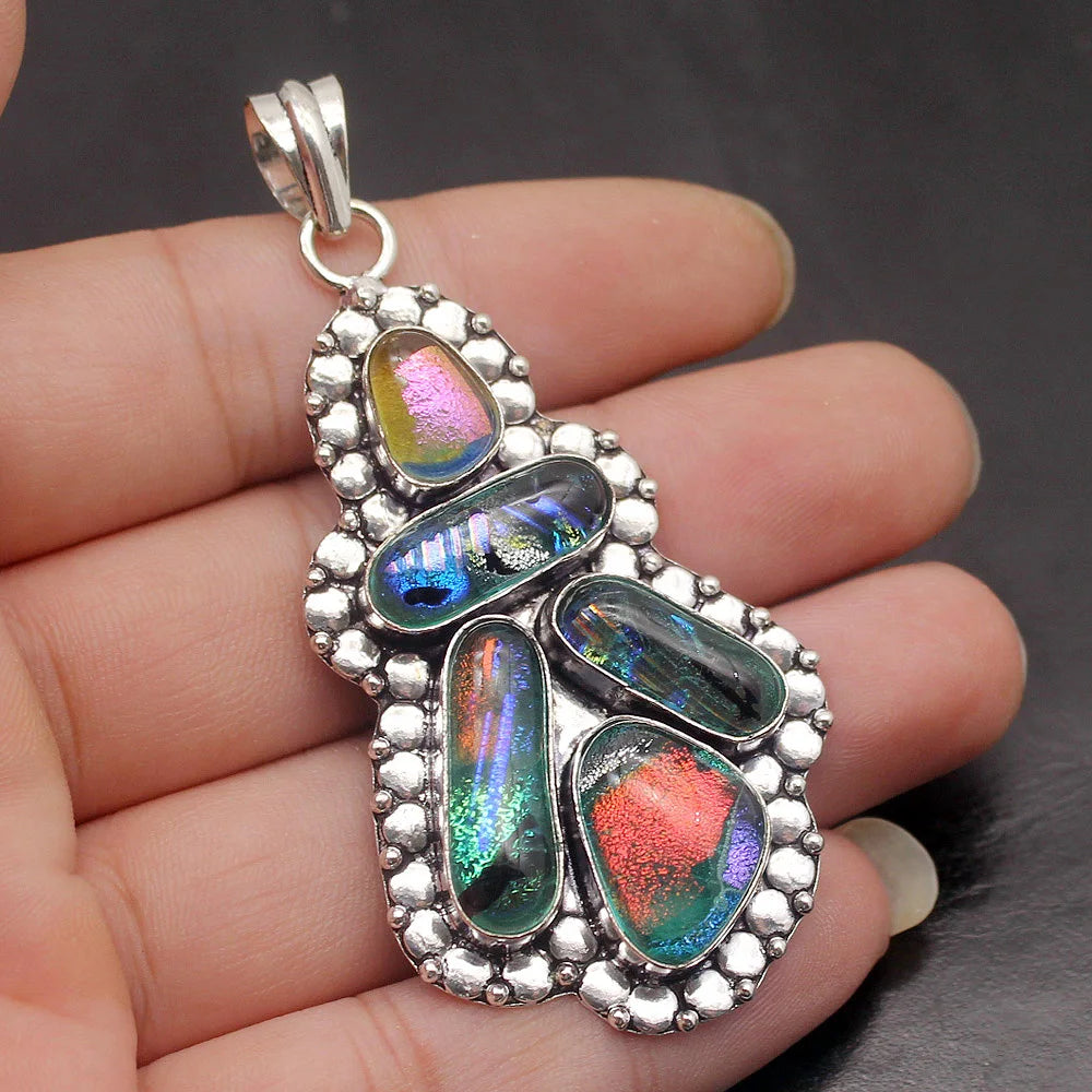 Vintage Dichroic Glass Silver Pendant Necklace Charm DH15
