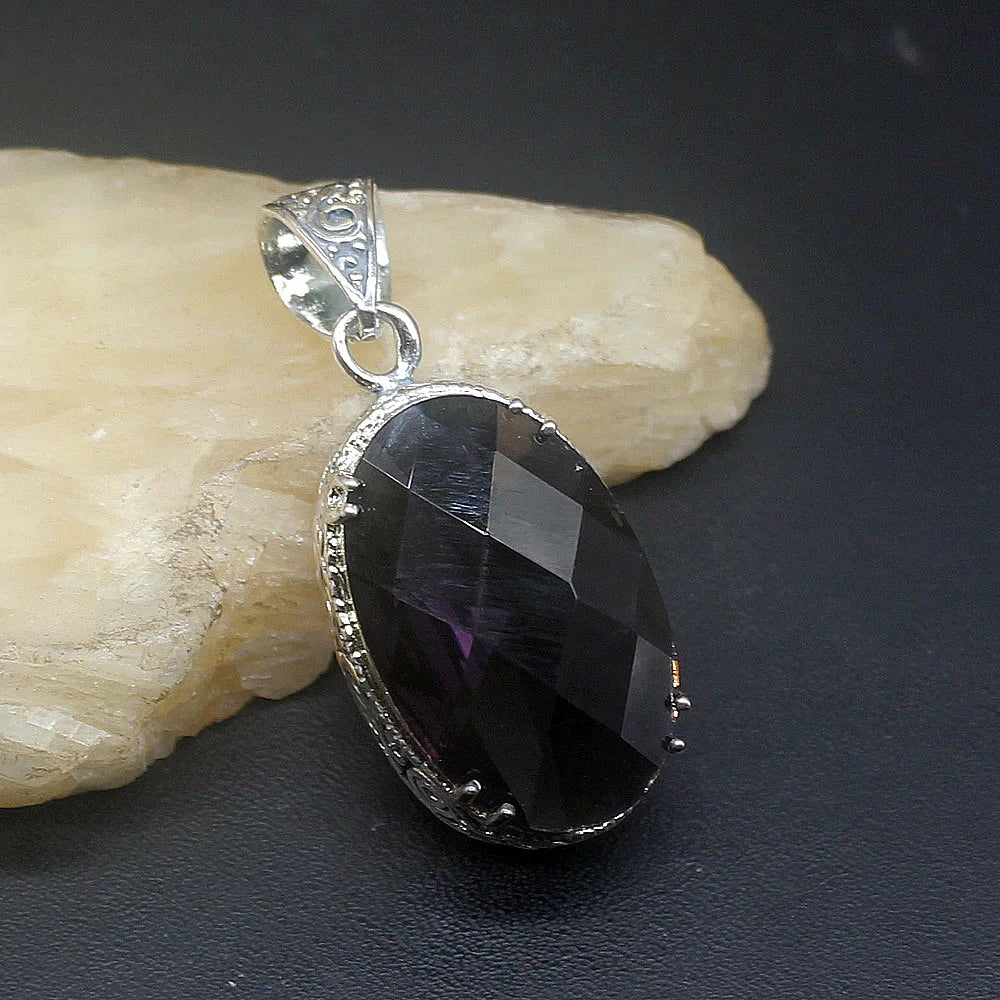 Vintage Oval Shape Amethyst Silver Charm Necklace Pendant for Women