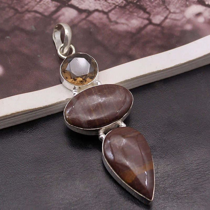 Marvelous OceanJasper SmokyTopaz Pendant Necklace A245