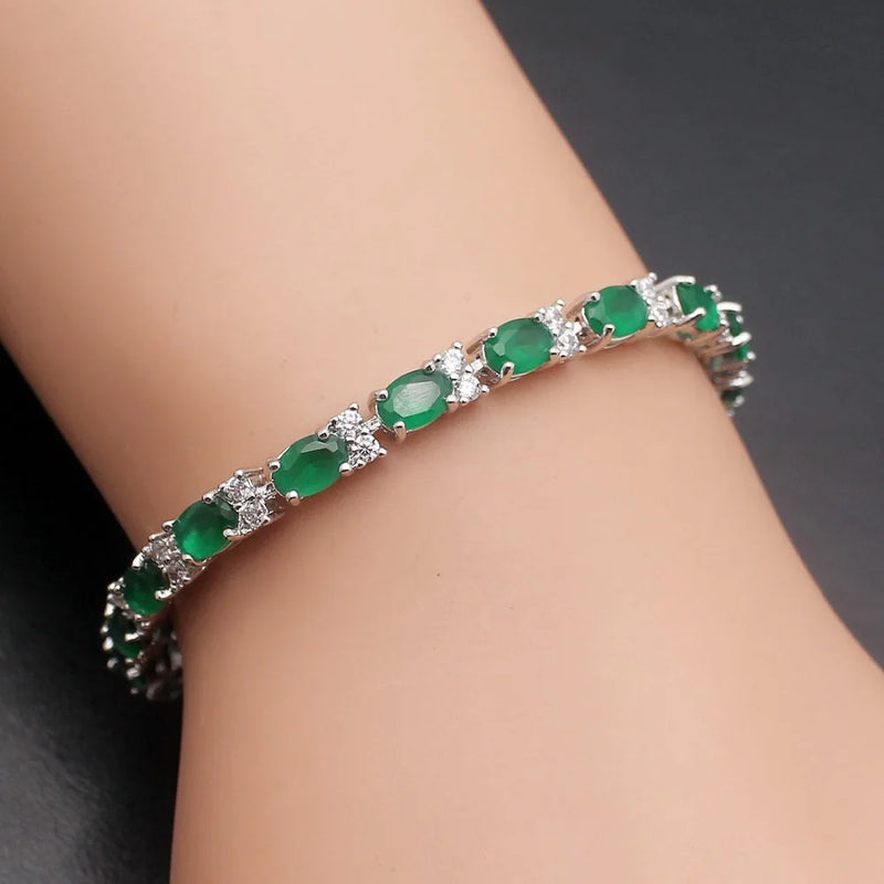 Blue Sapphire Emerald CZ Silver Bracelet 8''