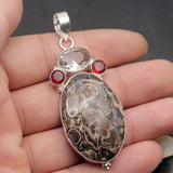 Natural Ammonite Jasper Garnet Topaz Pendant Necklace