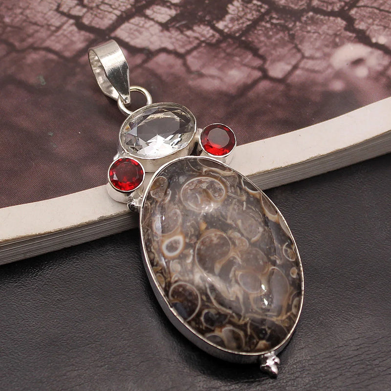 Natural Ammonite Jasper Garnet Topaz Pendant Necklace